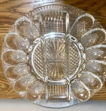 Vintage Diamond Point INDIANA GLASS Deviled Egg Platter W/RELISH Center 10 3/4"