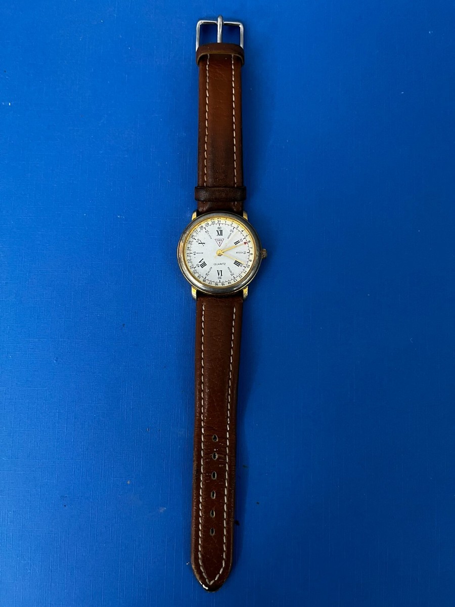 Vintage Guess Watch Unisex Gold Tone 1988 Tan Leather Band 