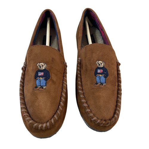 Polo Ralph Lauren Herren Größe 9 Bär bestickt Mokassin Hausschuhe Memory Foam hellbraun - Bild 2 von 4