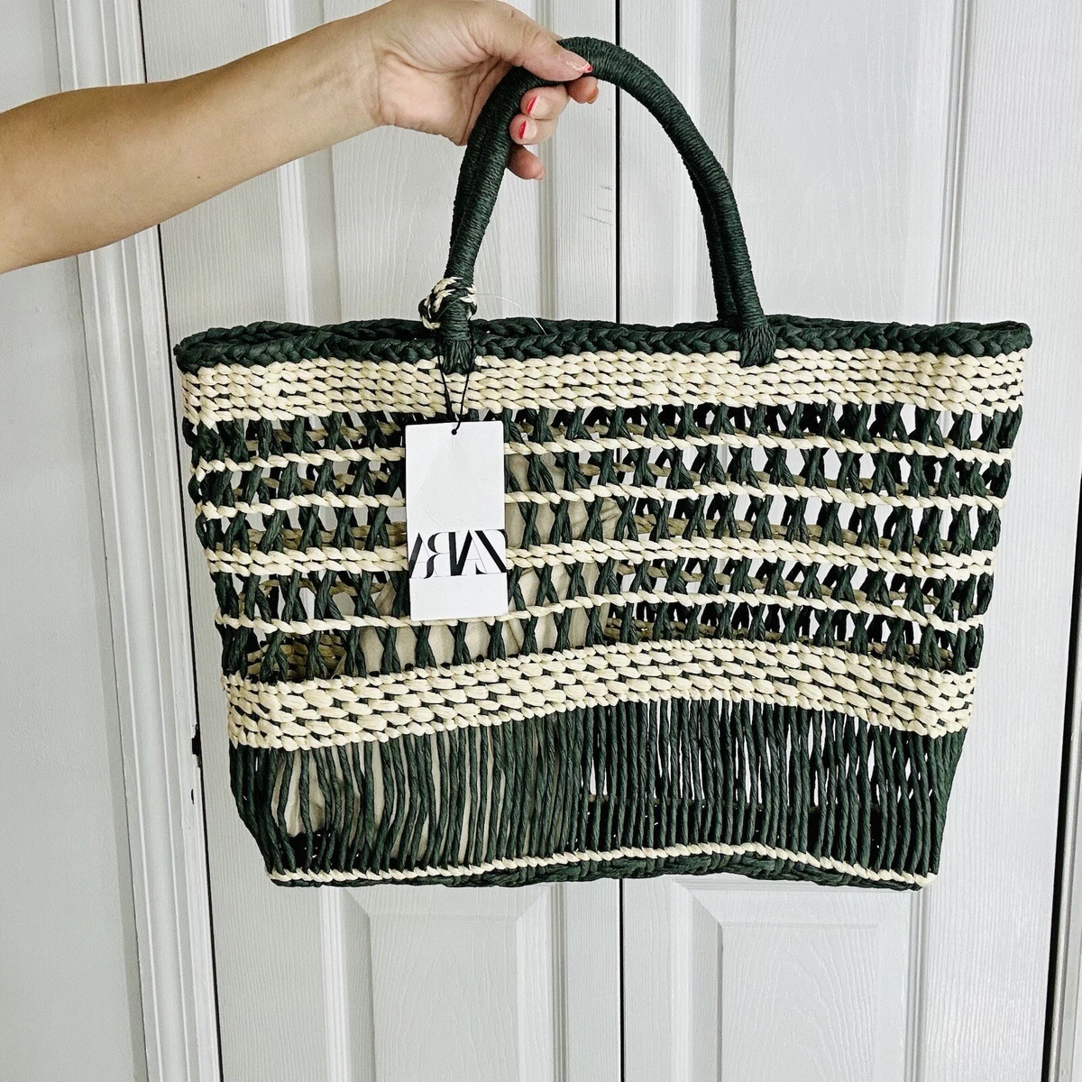 ZARA Braided Woven Tote Shopper Bag Green Cream Large 613 6710 202