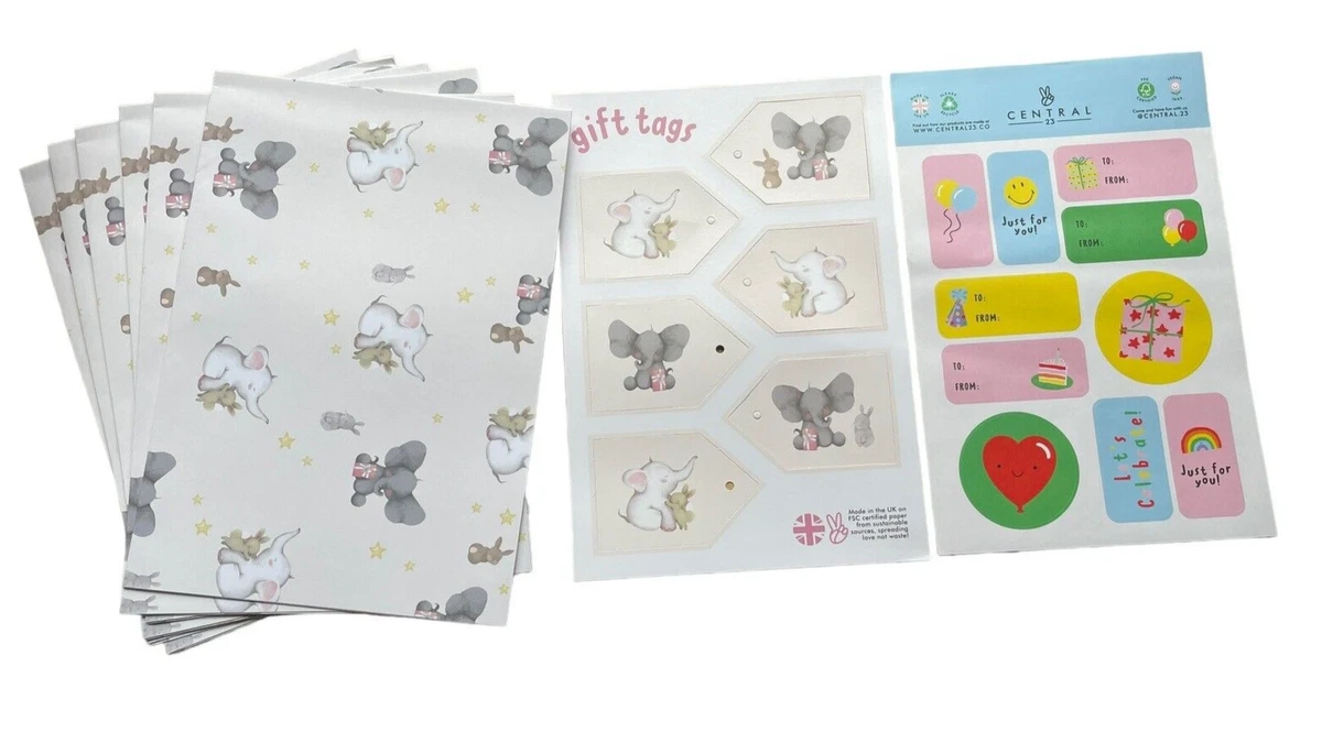 Central 23 Gift Wrap Sheets Tags Baby Elephants 6 Count