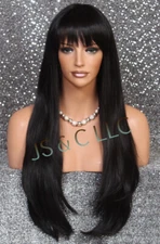 29" Human Hair Blend Striaght Long Wig Razor layered Heat oK Off Black 1B TSH