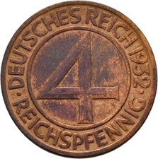 Deutsches Reich 4 Reichspfennig 1932 A Berlin M&uuml;nze  5 g  Original #TCK277