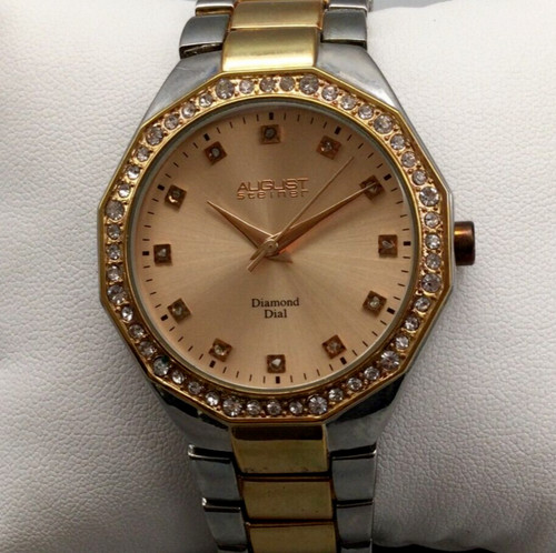August Steiner Diamond Dial Watch Women 36mm Silver Gold Tone New Battery 7.75"