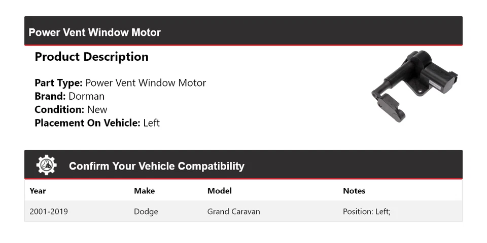 Motor de ventana de ventilación eléctrica izquierda para Dodge Grand Caravan Dorman 2001-2019 2002 2003 Foto 2 de 4