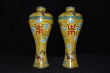 Collectible China old cloisonne Enamel handpainting crane cloud patternvase pair