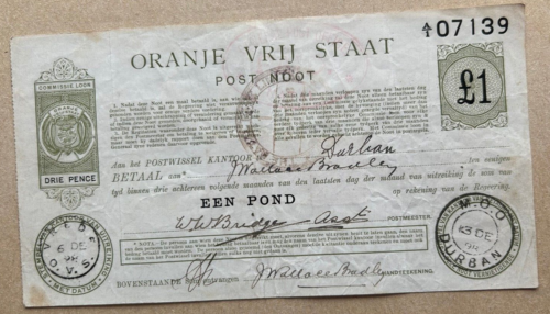 1898 ÉTAT LIBRE ORANGE 1 £ COMMANDE POSTALE AVEC TIMBRES DURBAN CACHET DE LA POSTE - Photo 1/2