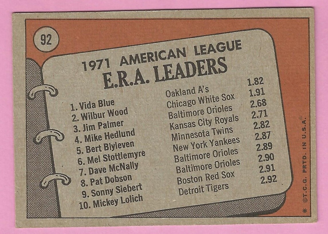 1972 Topps Baseball Card 92 AL ERA Leaders Vida Blue Jim Palmer Wilbur