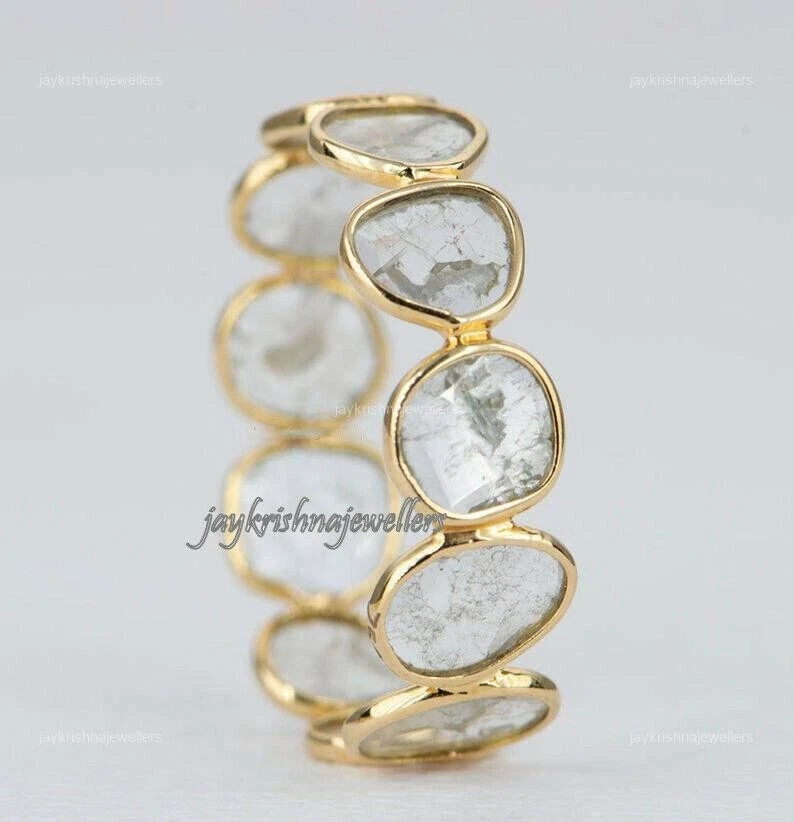 Anel de ouro 14K Polki diamante pulseira da eternidade conjunto de moldura feita à mão anel de propósito delicado - Imagem 4 de 4