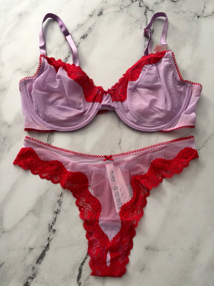 Victoria's Secret Nwt Tease Unlined Demi Bra High Leg Thong Sheer Mesh Lilac Set - Image 2 of 4
