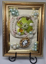 Vintage Costume Jewelry Art 5x6.5 Gold  Frame W/Vintage Faux Pearls Gold Tone