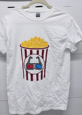 Gildan Heavy Cotton White T-Shirt Small Movie Popcorn 3D Glasses Graphic Tee S