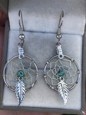 Vintage 925 Sterling Silver Earrings Navajo Dream Catcher Turquoise Native