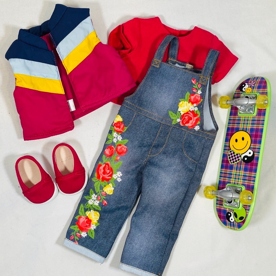 18" American Girl Doll Nicki's Skateboarding Outfit Vest, Shoes, Top, Skateboard