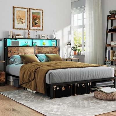 yenlacy Bed Frame 160 x 200 cm with Metal Slatted Frame, LED Lighting,Headboard