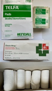 New 7 Bandages Gauze Elastic + 29 Big Ouchless Sterile Pads 3”x4” Telfa Elasta W