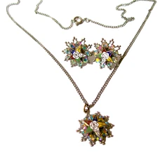 Vintage MASONIC EASTERN STAR ENAMEL & RHINESTONE NECKLACE & EARRINGS SET