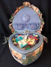 Fabric Heart Shaped Sewing Storage Basket with Tray Vintage Full of Notions