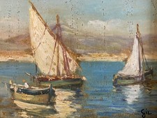 Bella Pittura Olio Pannello Legno 1950 Mare Mediterraneo Di Napoli Vesuvio