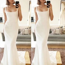 Beach Wedding Dress Simple Square Neck Sleeveless Satin Sweep Train Bridal Gown