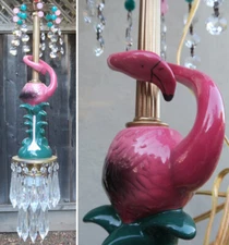 Pink Flamingo Bird ceiling Lamp Chandelier Glass Crystal porcelain beads Bamboo