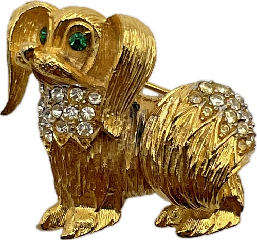 SAMSAN SA Adorable Puppy Dog Brooch Long Ears Rhinestone Vintage Costume Jewelry