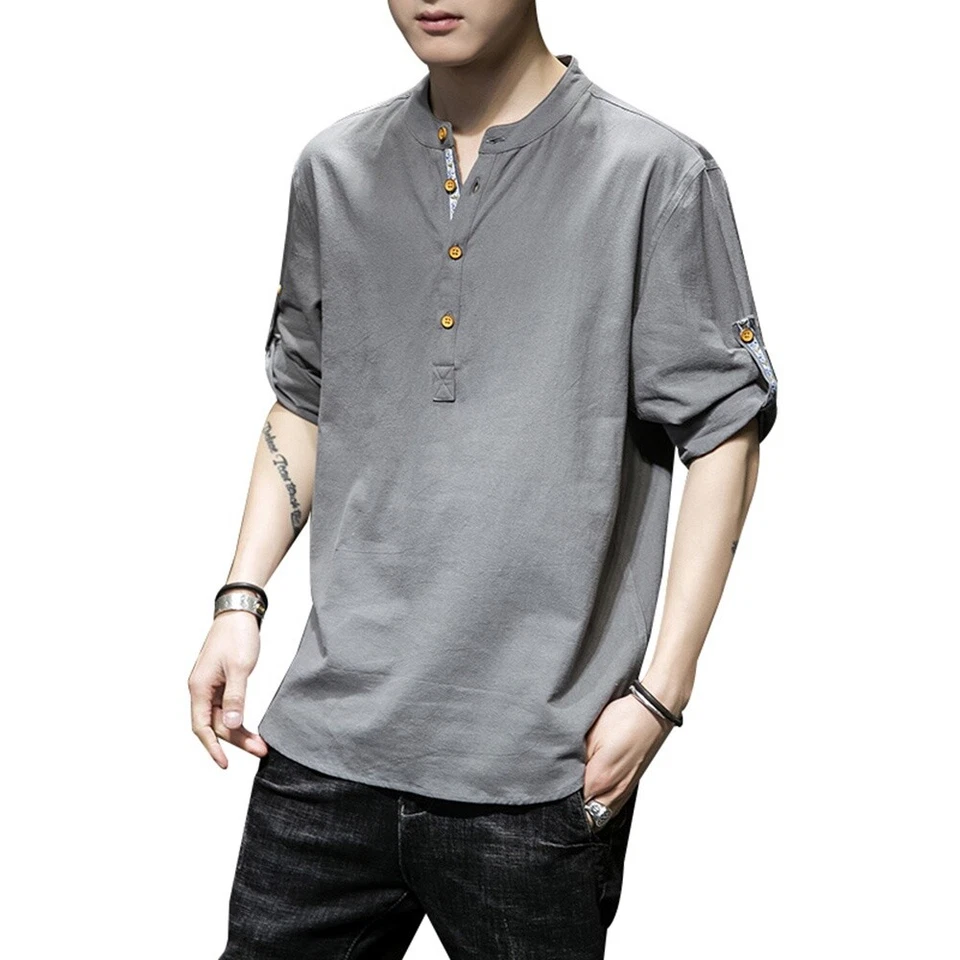 Men Cotton Linen Top Tee Shirt Roll Up 3/4 Sleeve Button Henley Neck T-shirt Top - Image 4 of 4