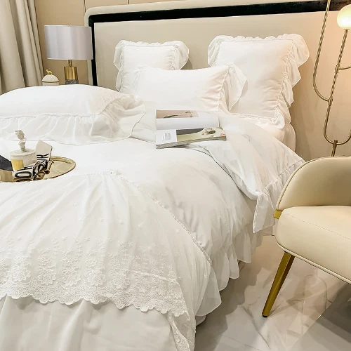 Juego de cama bordado de encaje blanco suave grueso terciopelo polar volantes funda nórdica Foto 3 de 4