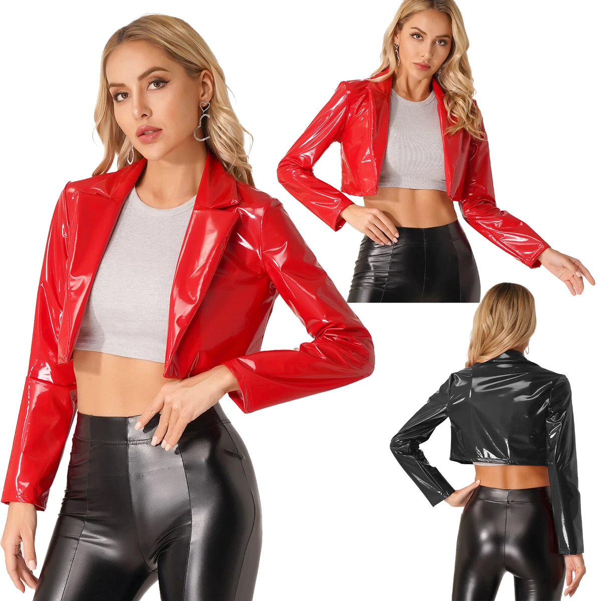 Women Lapel Patent Leather Jacket Wet Look Long Sleeve Cropped Coat Clubwear