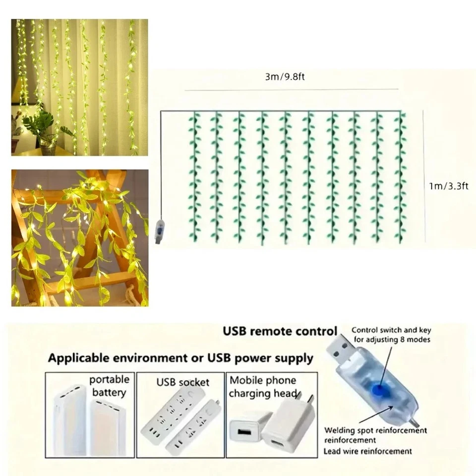 Curtain LED Cascading Vine Indoor Warm 3m Lights White Maple Leaves USB Fairy - Image 3 of 4