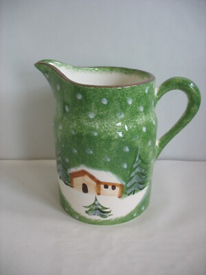 Log Cabin Christmas 1997 Macy's The Cellar 56 oz 7 1/2'' pitcher Cabin Snow Xmas