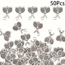 1Box 50Pcs Tennis Racket Pendant Sports Theme Charm Alloy Racquet Charm
