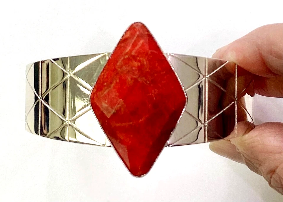 Браслет-манжета HSN Jay King из чистого серебра с кораллами в форме бриллианта 40,9 г 7-1/4 дюйма - Изображение 4 из 4