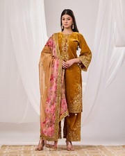 Mustard Velvet Suit Set with Sequined Embellishments and Printed Organza Dupatta