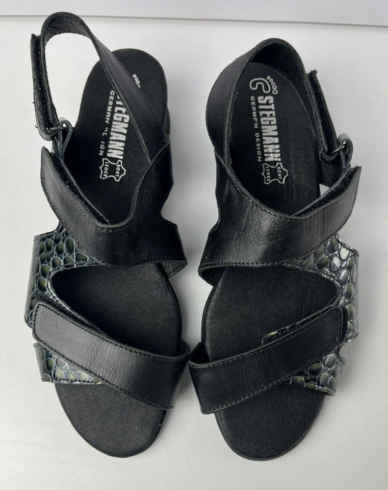 Sandalias para mujer Stegmann Nala de cuero con estampado animal negro y verde talla 39 Foto 2 de 4