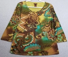 Multiples Top Womens Small Floral ¾ Sleeve Beads Stretch Mesh Blouse See Through