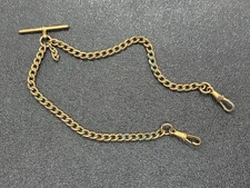 Vintage Brass Double Albert Curb Link Pocket Watch Chain with T-bar & dog clips