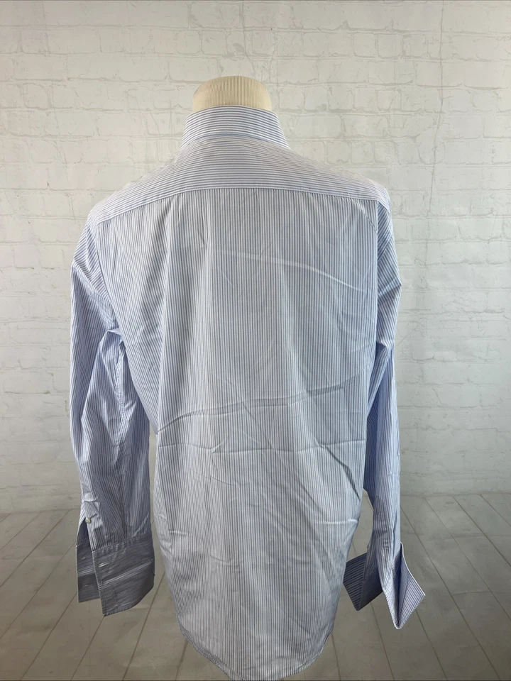 Canali 意大利男式蓝色白色条纹法式袖口棉质正装衬衫 17 43 36/37 — 第 3/4 张图片