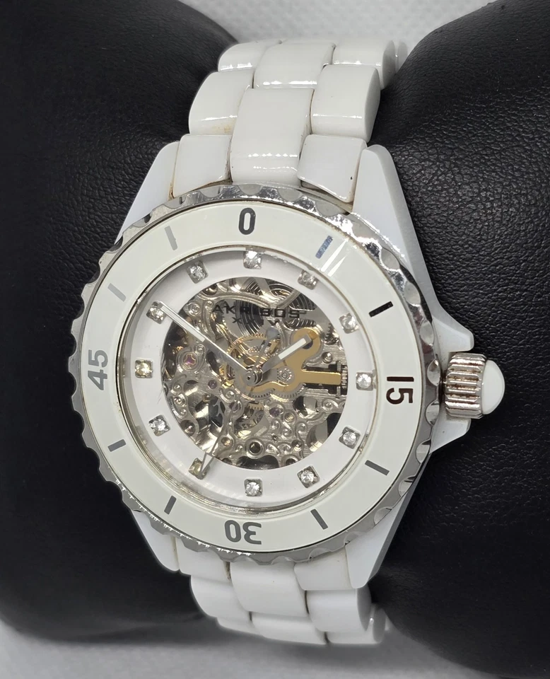 Women's Akribos XXIV White Ceramic Automatic Skeleton Crystal Bezel Watch 09 - Image 2 of 4