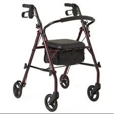 Medline Steel Rollator Walker with Seat Burgundy 350lb Weight Capacity 6” Wheels