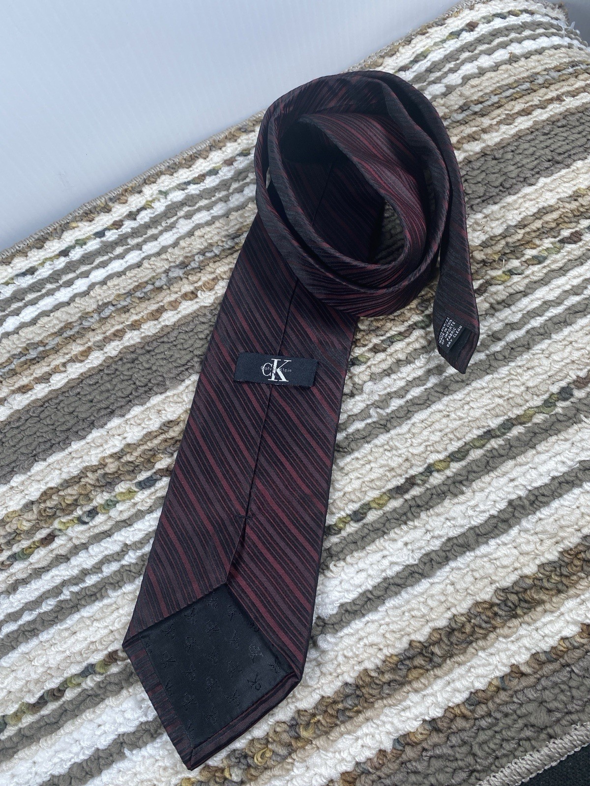 Calvin Klein Burgundy Black Striped Silk Tie Men’s Classic Formal