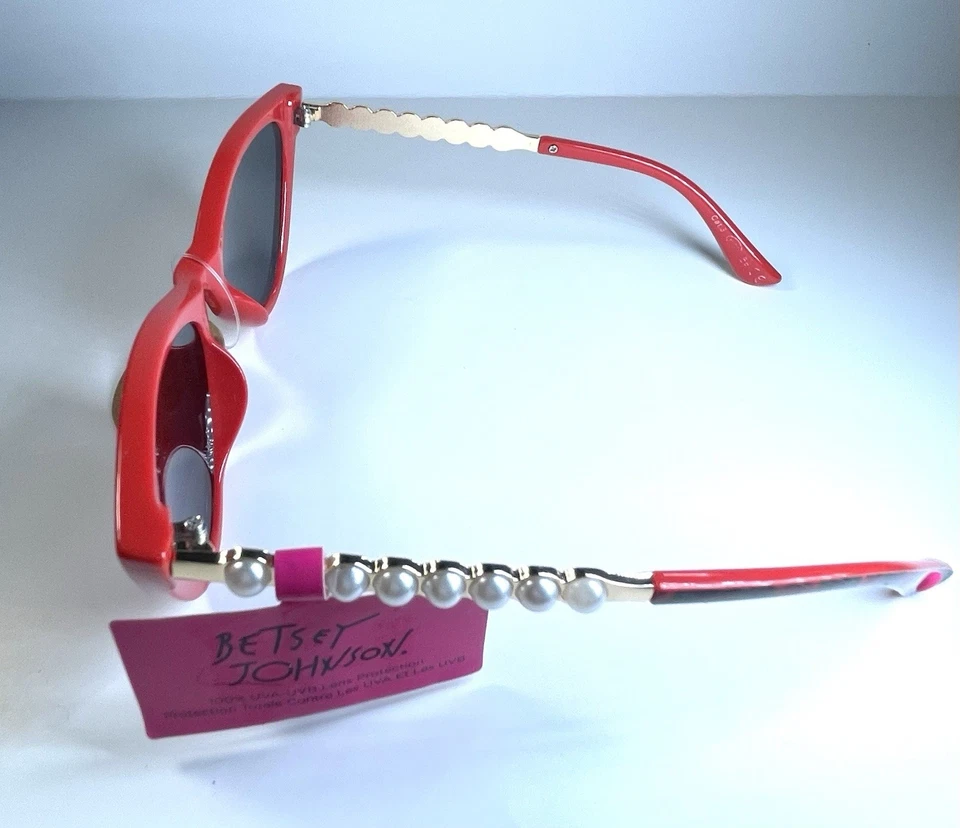 NEW BETSEY JOHNSON Red Gold Pearl Leopard Cat Eye BJ 24 179 Sunglasses + Case - Image 3 of 4