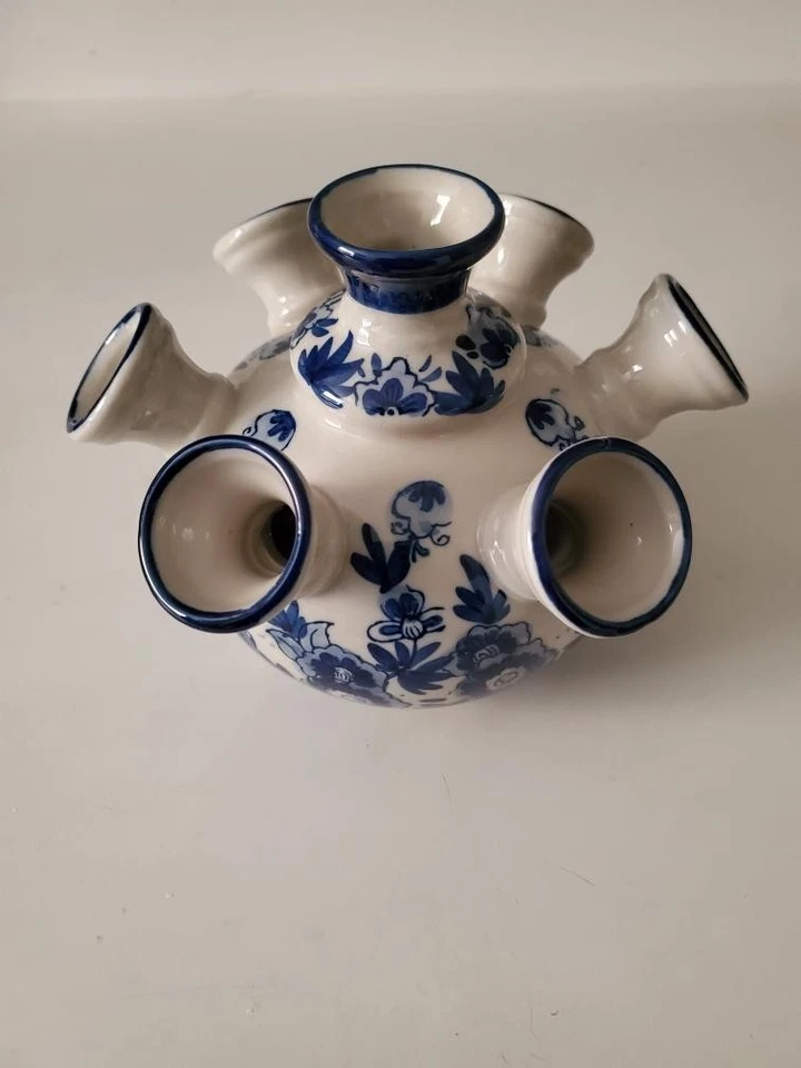  Vintage Delf Holland Blue White Ceramic 7 Arms Tulip Vase 5.4" tall   - Image 2 of 4
