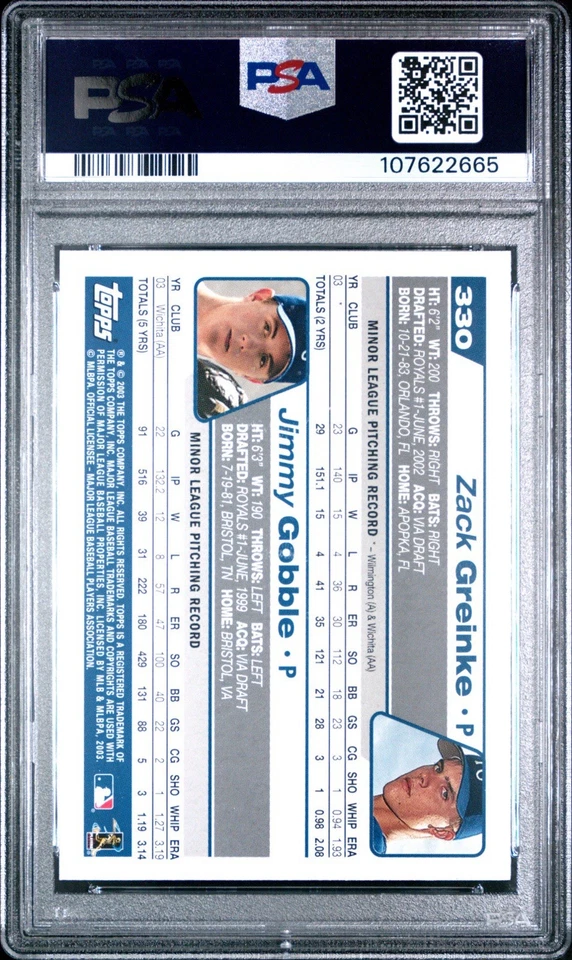 2004 TOPPS #330 ZACK GREINKE ROYALS FUTURE STARS PSA 10 - Image 2 of 2