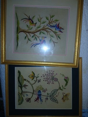 2 Antique Crewel Silkwork Framed 20x18 Stunning Birds Tree Cross stitch Rare