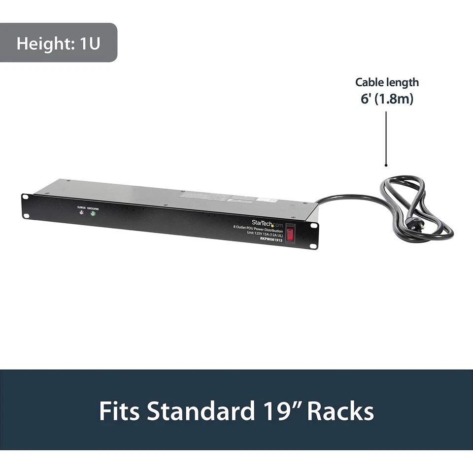 StarTech.com 8 Outlet Horizontal 1U Rack Mount PDU Power Strip for Network - Image 2 of 4