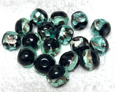 17 Vintage Art Glass Beads Teal Foil w Glossy Black Rounds 1/2"