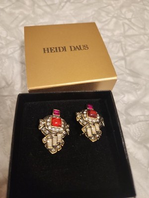 Heidi Daus Silver Tone with Red Rhinestone Pierced Earrings with Box
