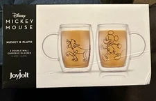 NEW JoyJolt Disney Mickey Mouse & Pluto Double Wall Glass Mugs - 5.4 oz Set of 2