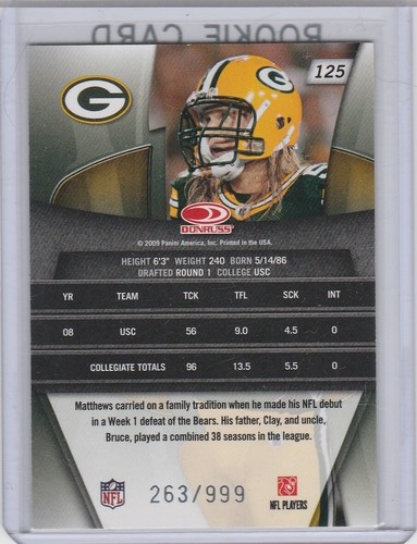 CLAY MATTHEWS #'d/999 SP ROOKIE CARD Packers 2009 Gridiron Gear FOOTBALL RC! - Picture 2 of 2